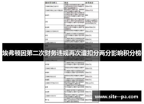 埃弗顿因第二次财务违规再次遭扣分两分影响积分榜