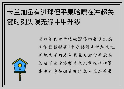 卡兰加虽有进球但平果哈嘹在冲超关键时刻失误无缘中甲升级