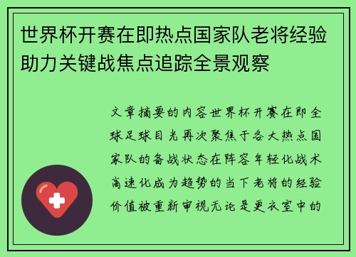 世界杯开赛在即热点国家队老将经验助力关键战焦点追踪全景观察