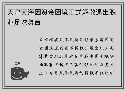 天津天海因资金困境正式解散退出职业足球舞台