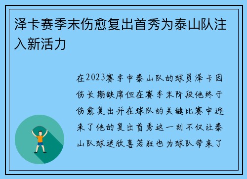 泽卡赛季末伤愈复出首秀为泰山队注入新活力 泽卡赛季末伤愈复出首秀为泰山队注入新活力