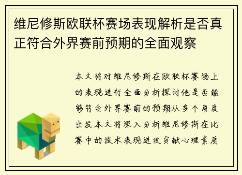维尼修斯欧联杯赛场表现解析是否真正符合外界赛前预期的全面观察